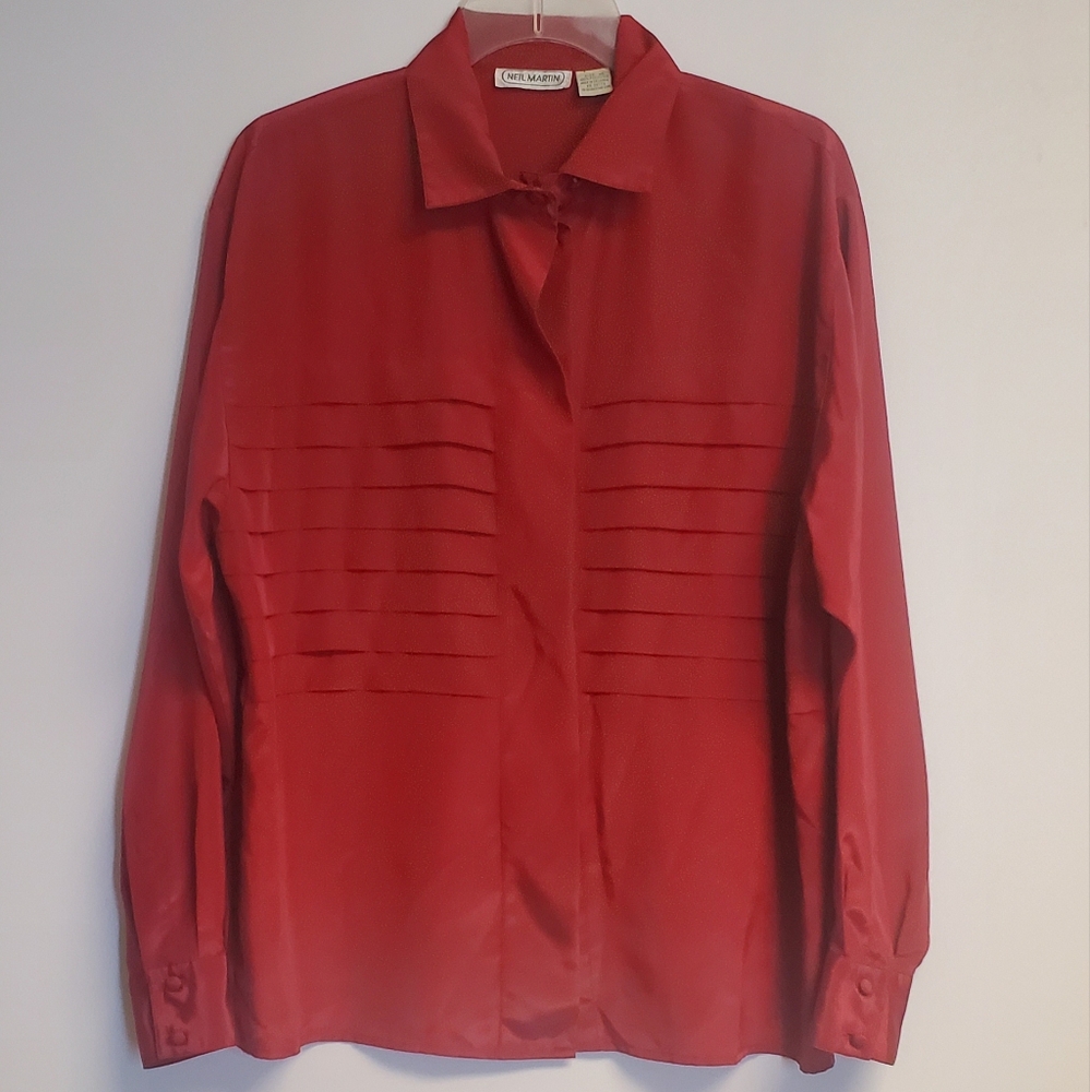 Vintage NEIL MARTIN REd Pleated Front Hidden Button Down Blouse Size 14